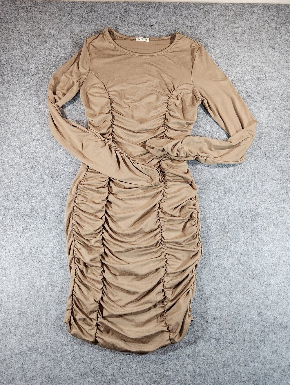 Heart & Hips Ruched Long Sleeve Midi Dress - Beige  Medium